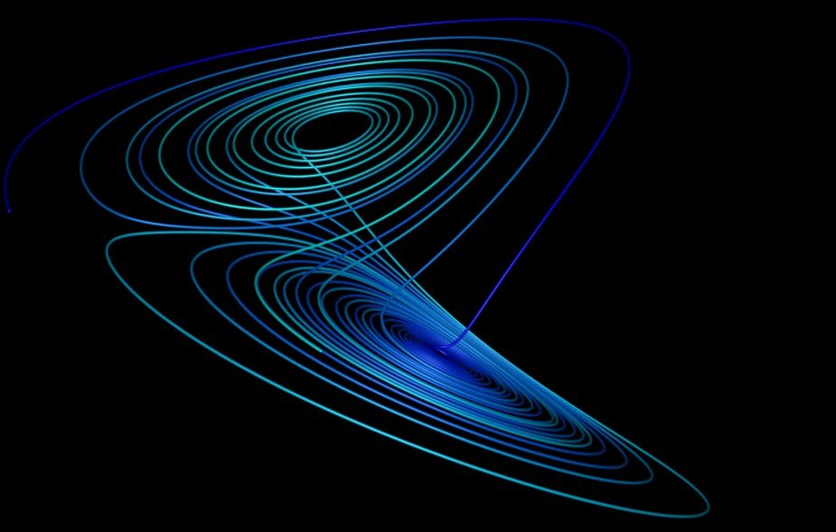 The Lorenz attractor drawn in shades of blue on black
